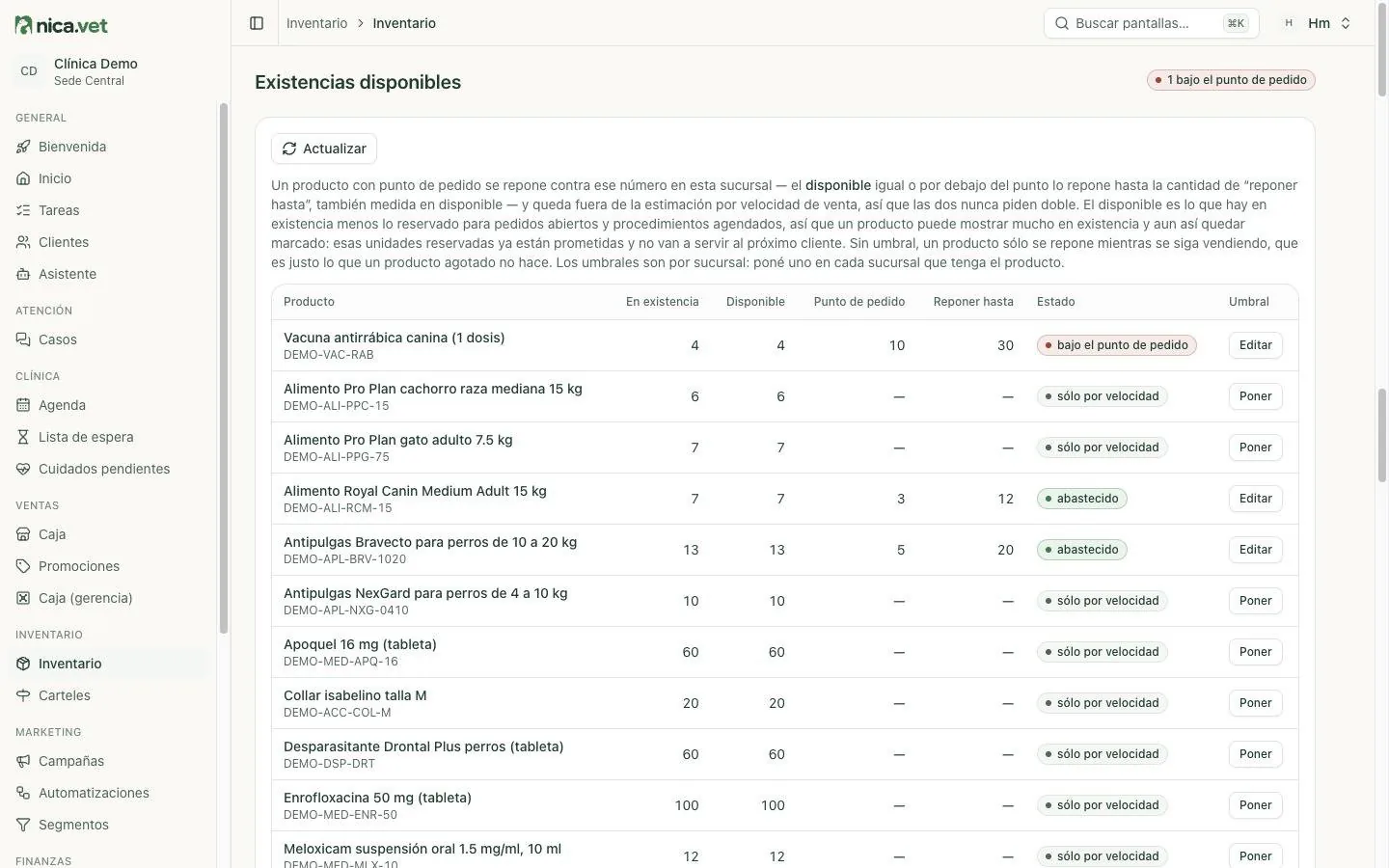 Captura de la pantalla «Existencias disponibles» de nica.vet