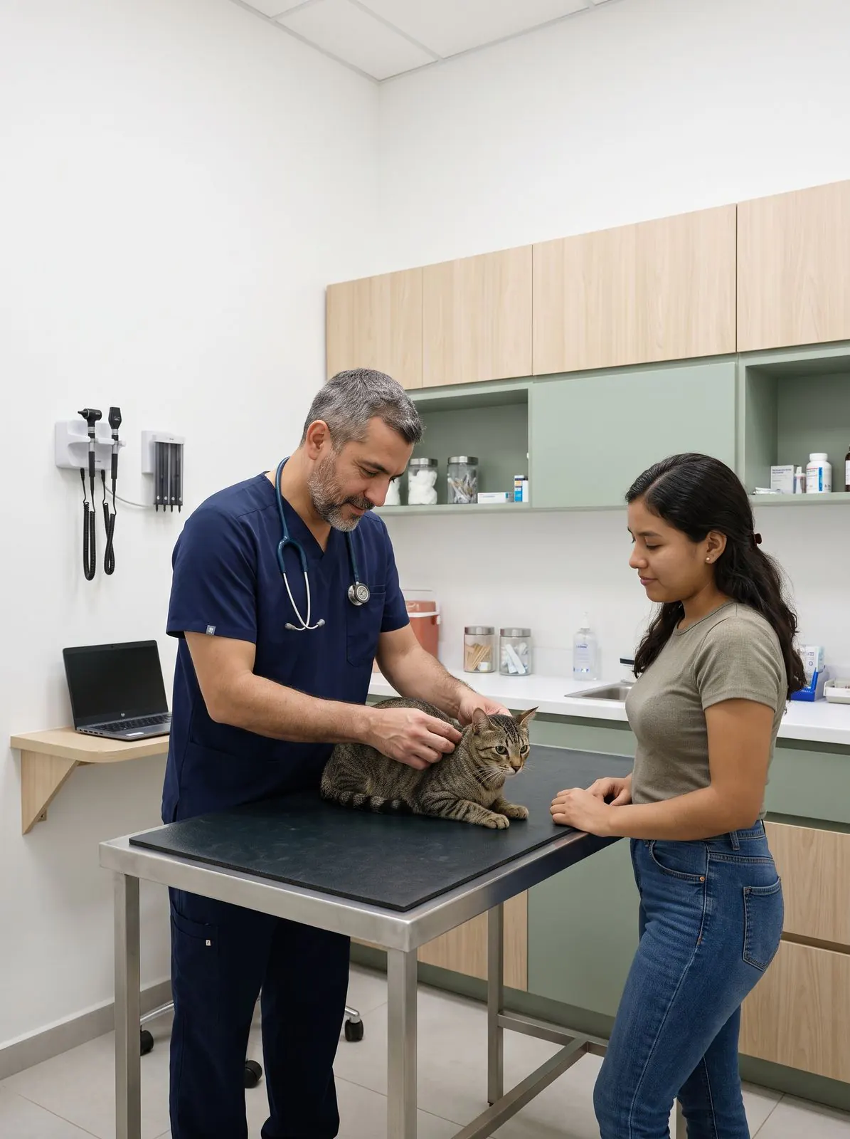 Un veterinario de barba canosa revisa a un gato atigrado sobre la mesa del consultorio mientras su joven dueña observa