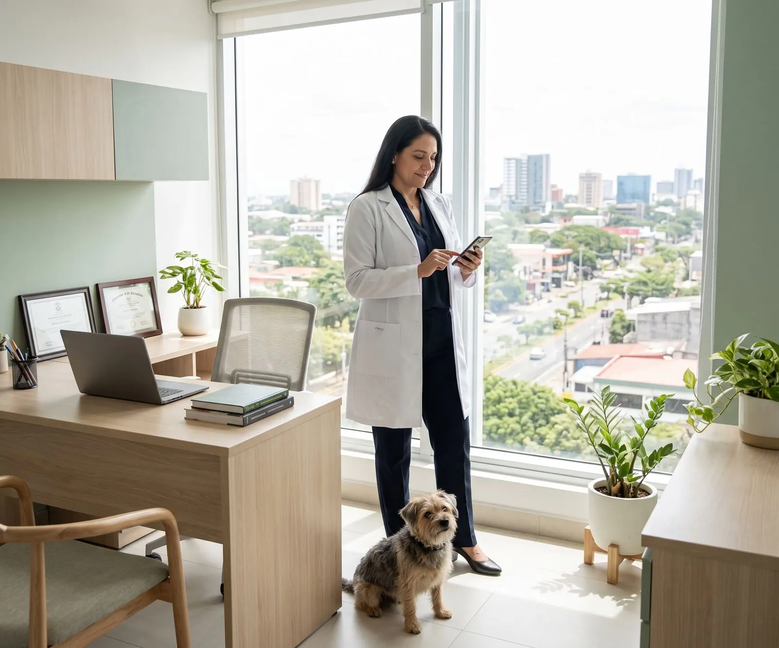 La dueña de la clínica revisa los números en su teléfono, con su perro al lado