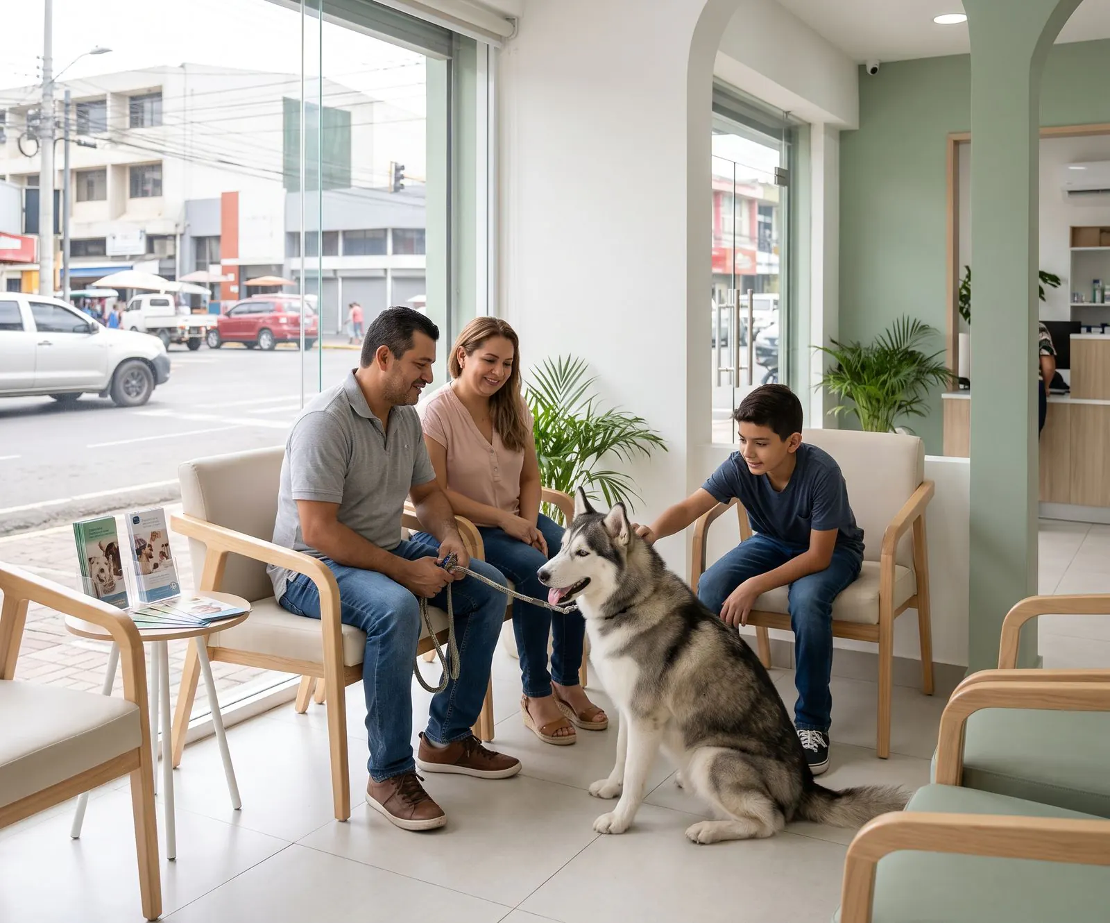 Una familia espera con su husky en la sala de espera de la clínica