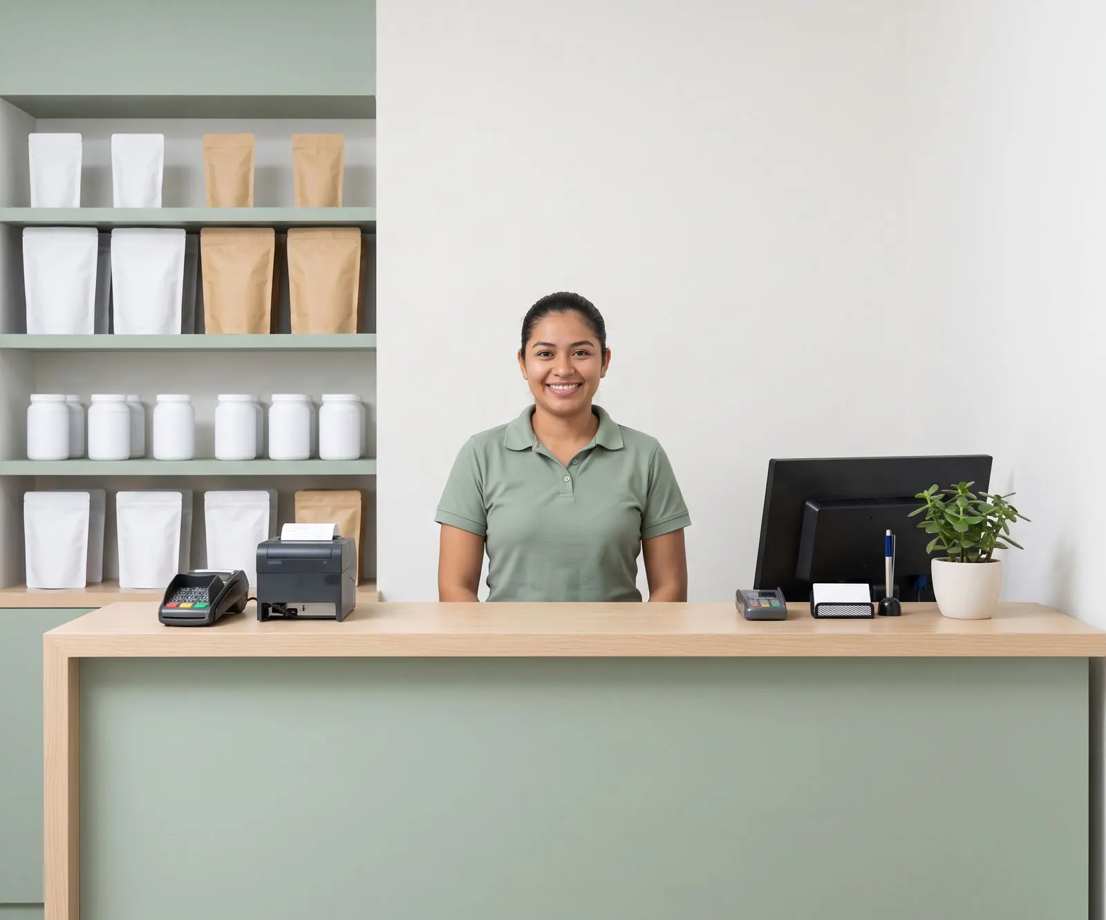 Una recepcionista sonríe detrás del mostrador de cobro, con la terminal de tarjetas y la impresora de tiques