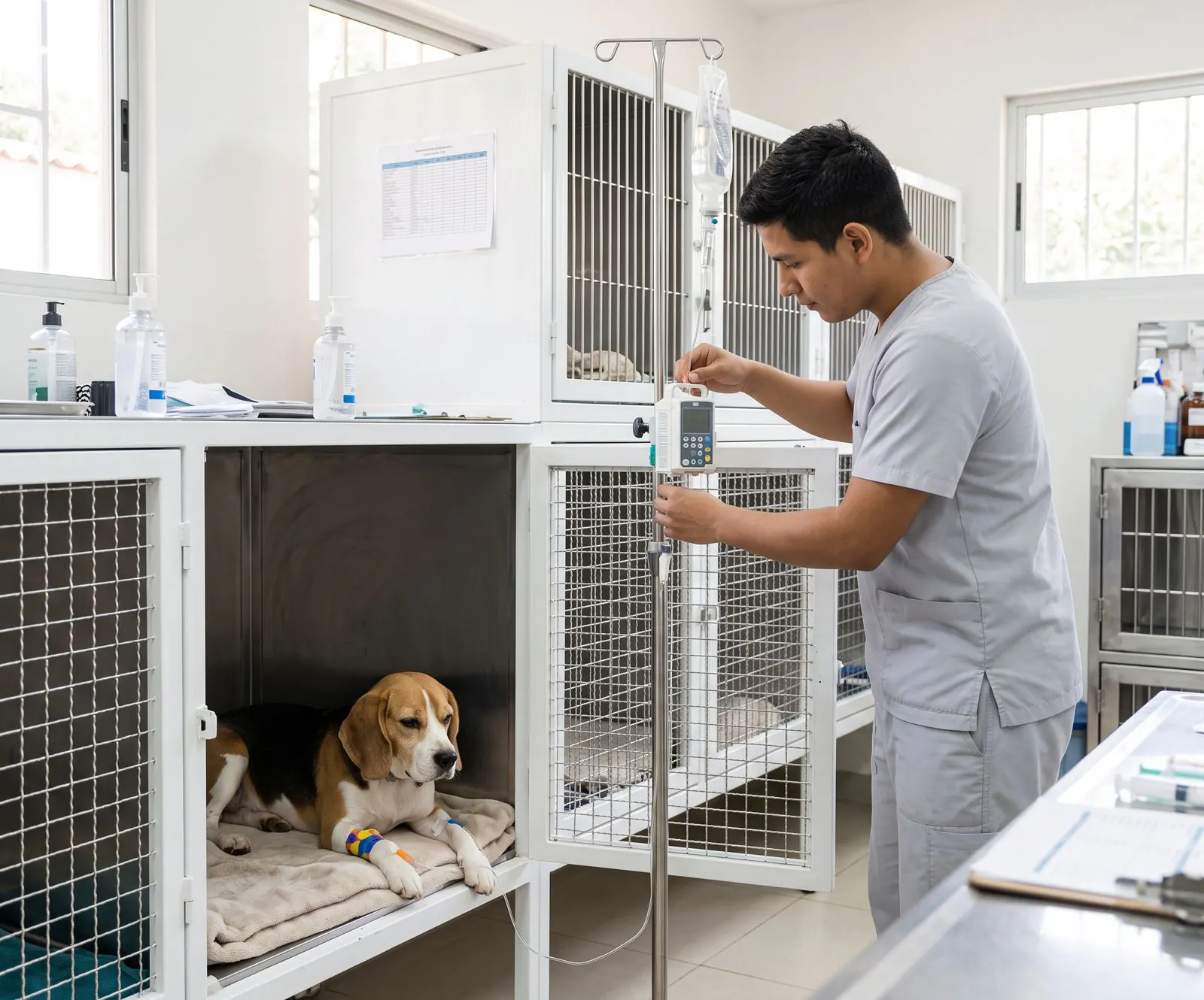 Un enfermero ajusta el suero en la sala de internación; un beagle descansa en su jaula