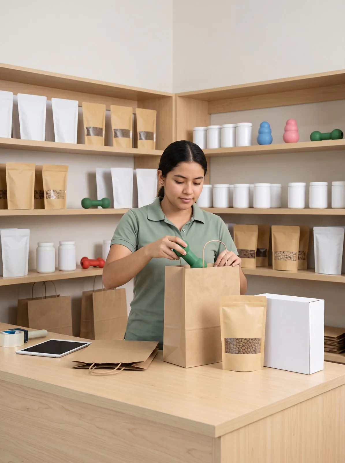 Una empleada empaca una orden en una bolsa de papel kraft en el mostrador de la tienda
