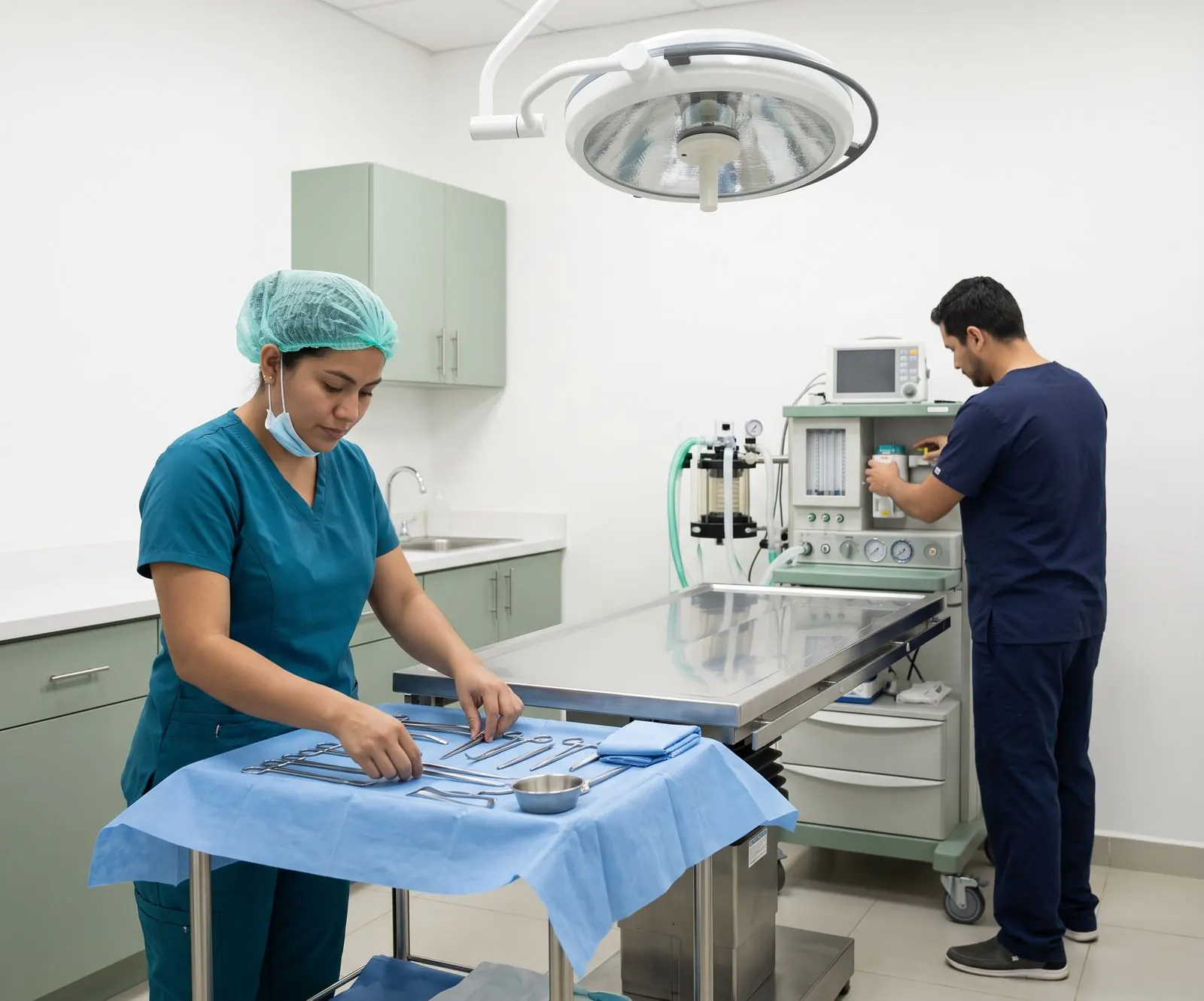 En el quirófano, una enfermera ordena el instrumental y un veterinario revisa la máquina de anestesia antes de una cirugía
