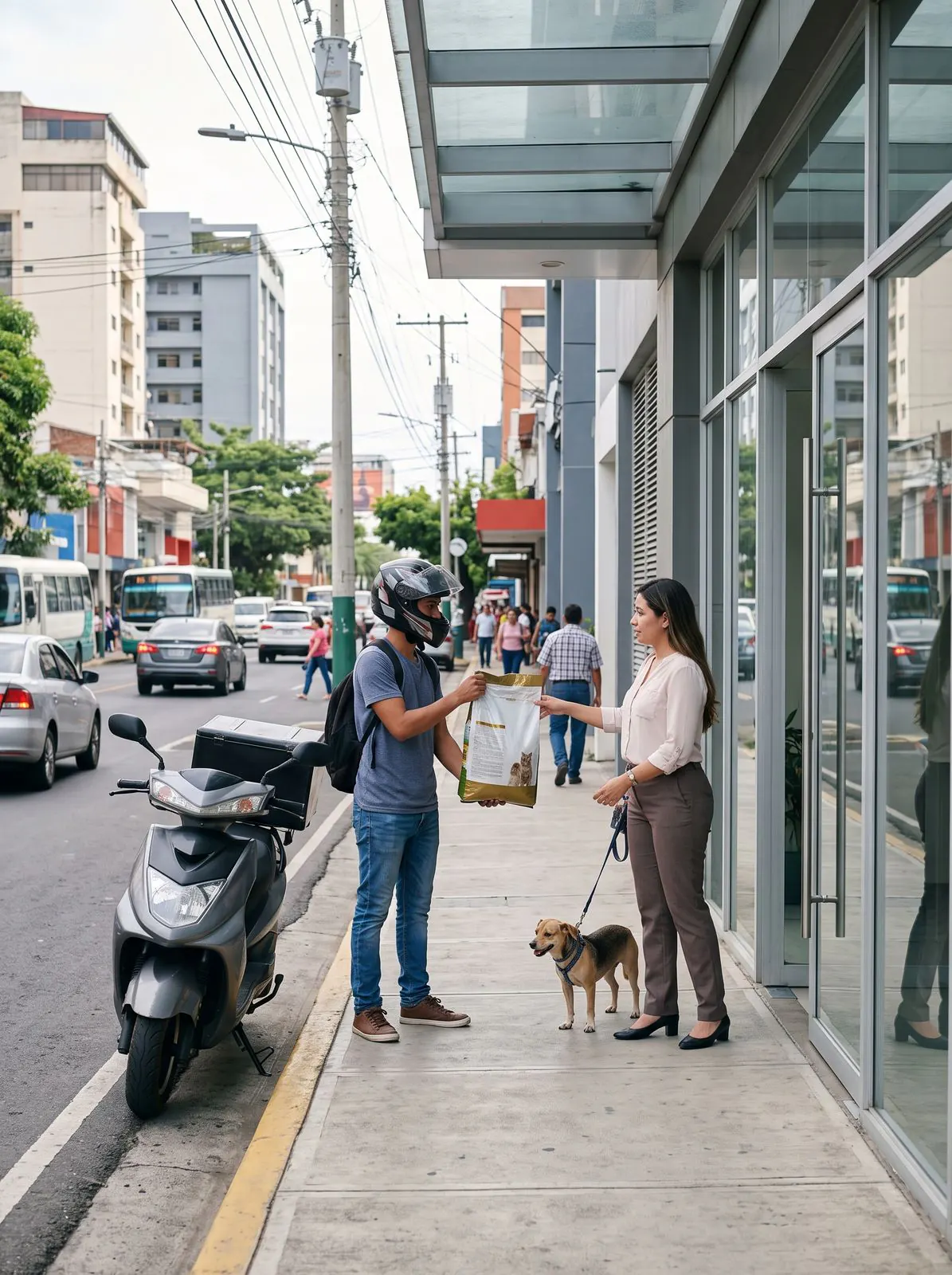 Un repartidor en moto entrega una orden de la clínica a una clienta que pasea a su perro