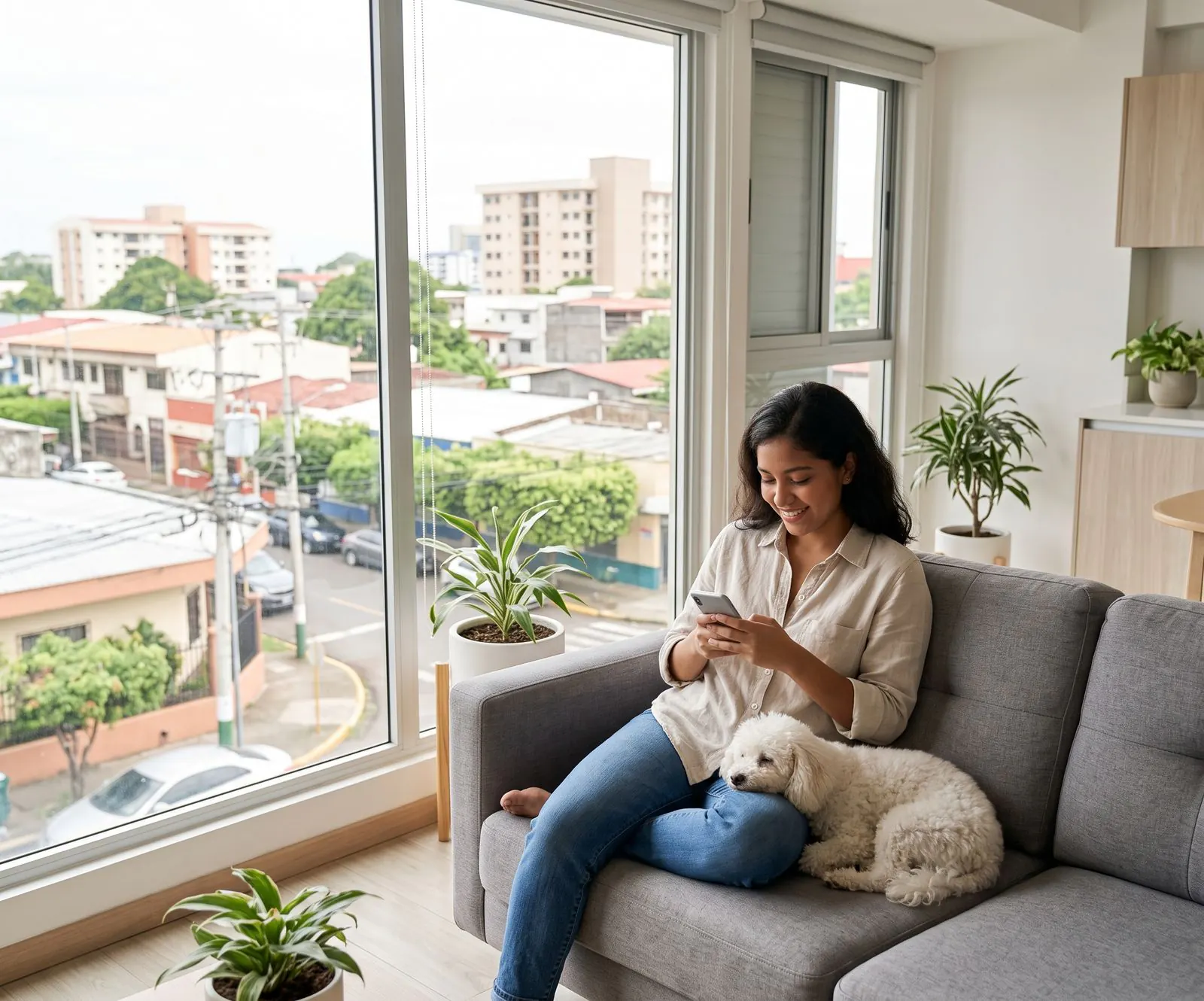 Una tutora lee en su teléfono un mensaje de la clínica, con su perro en el sofá