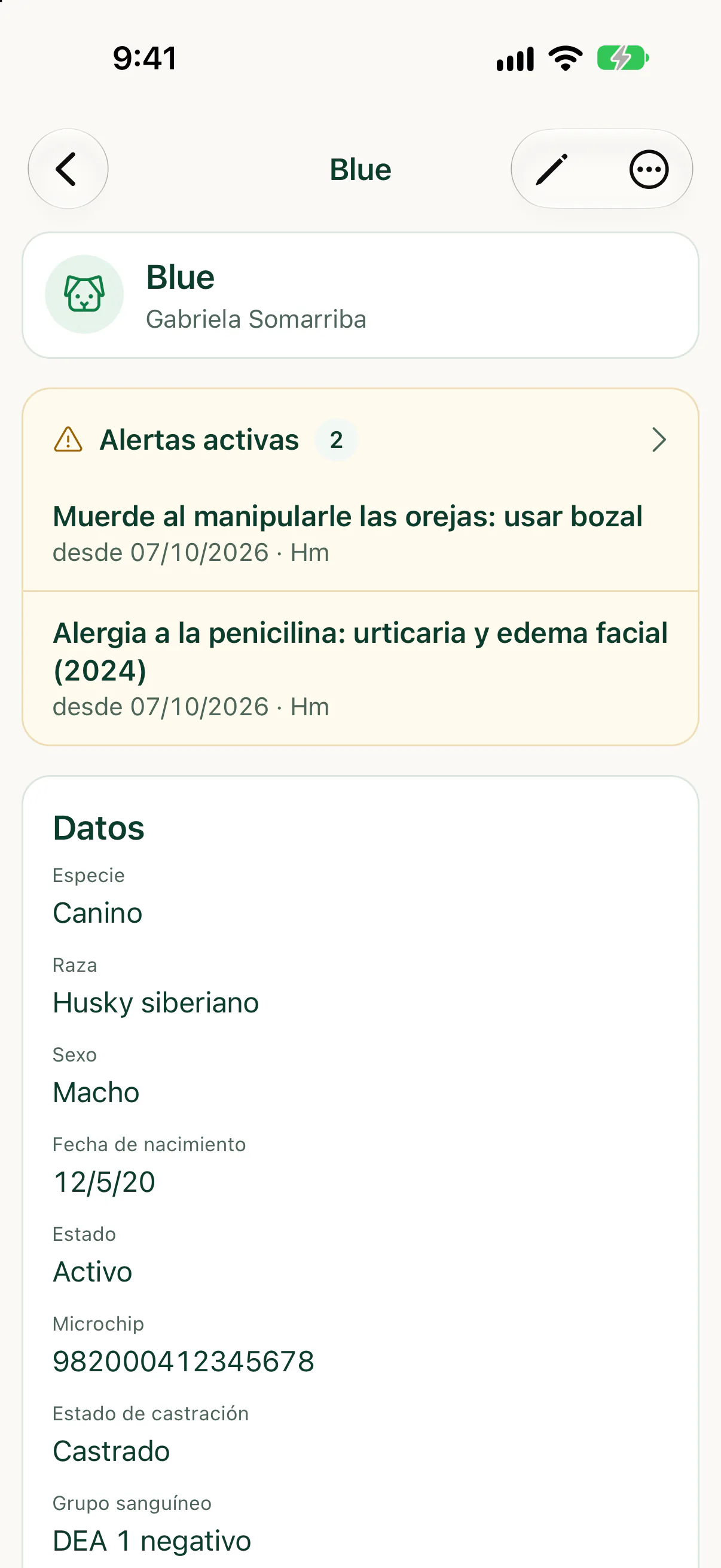 Ficha del paciente con alertas activas y sus datos en la app para teléfono