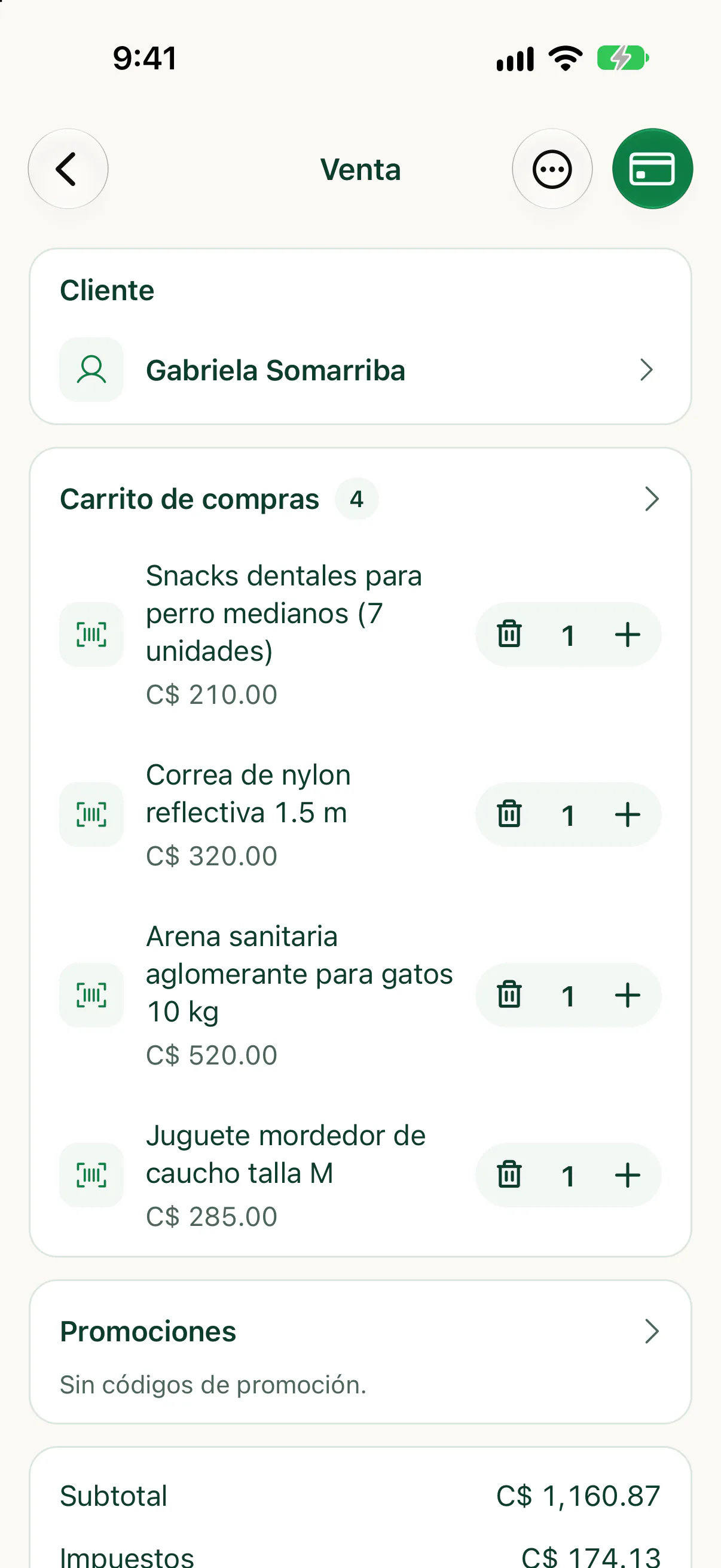 Carrito de venta con cuatro productos en la app para teléfono